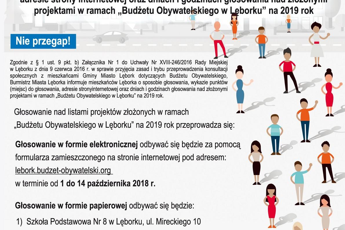 Informacja o sposobie głosowania, wykazie punktów (miejsc) do głosowania, adresie strony internetowej oraz dniach i godzinach głosowania nad złożonymi projektami w ramach „Budżetu Obywatelskiego w Lęborku” na 2019 rok