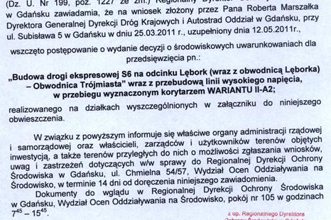 Informacja w sprawie drogi ekspresowej S6